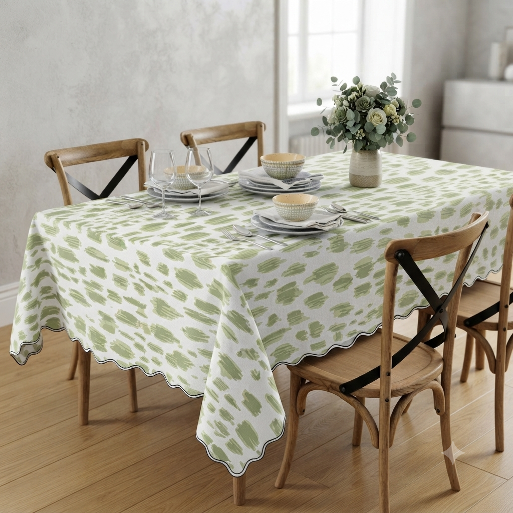 Premium 400 TC Sateen Cotton Printed Tablecloth – Luxury Cotton Dining Table Cover | Scalloped Edge Table Linen