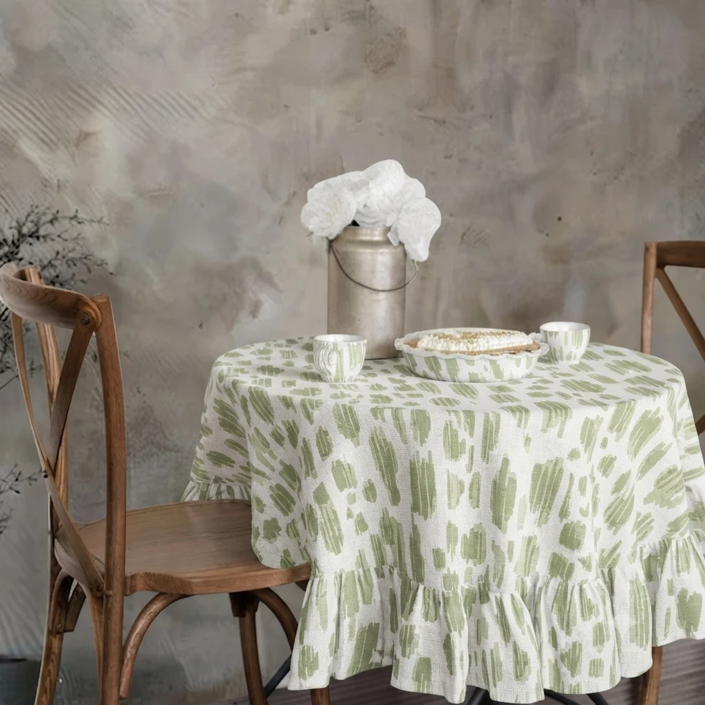 Premium 400 TC Sateen Cotton Ruffled Tablecloth – Sage Green Printed Dining Table Cover | Luxury Farmhouse Table Linen