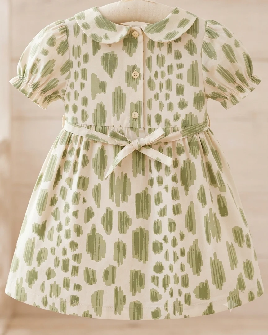 400TC Sateen Cotton Baby Girl Dress – Luxury Green Botanical Print Toddler Dress