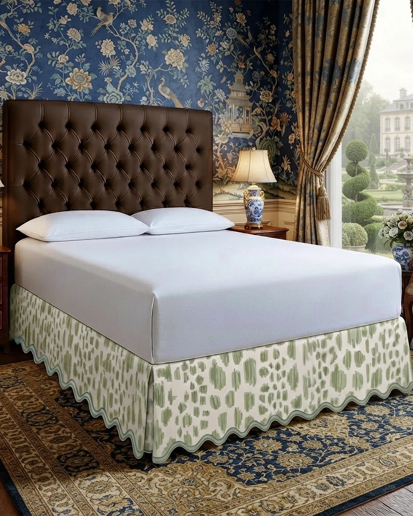 400TC Sateen Cotton Bed Skirt – Luxury Green Botanical Scalloped Embrodiery
