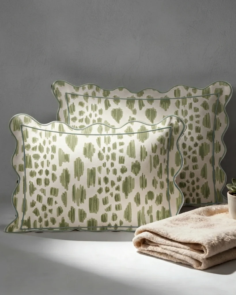 400TC Sateen Cotton Pillow Shams – Luxury Green Botanical Scalloped Edge Bedding
