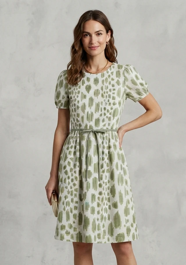 400TC Sateen Cotton Women’s Dress – Luxury Green Botanical Print Midi Dress