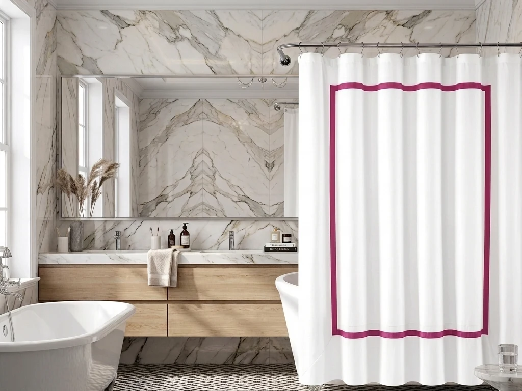 Luxuries Shower Curtain – Luxury Hotel Style, White with Border Frame Trim — detail view