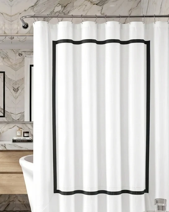 Luxuries Shower Curtain – Luxury Hotel Style, White with Border Frame Trim — close-up