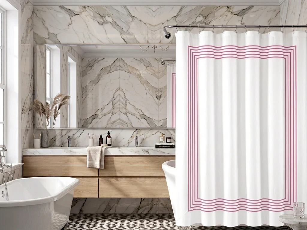 Luxuries Shower Curtain – Luxury Hotel Style, White with Elegent Border — detail view