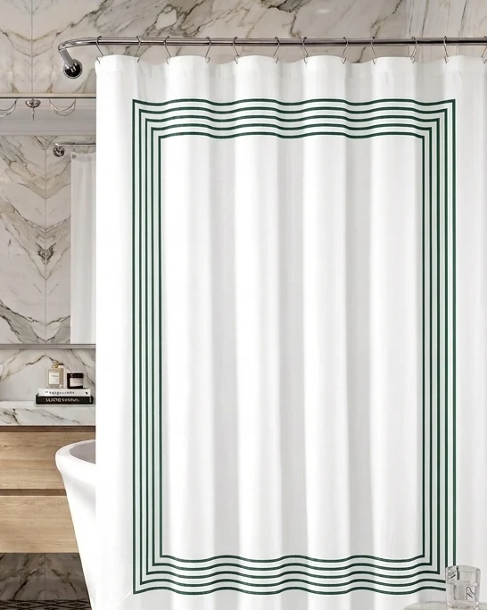 Luxuries Shower Curtain – Luxury Hotel Style, White with Elegent Border — close-up