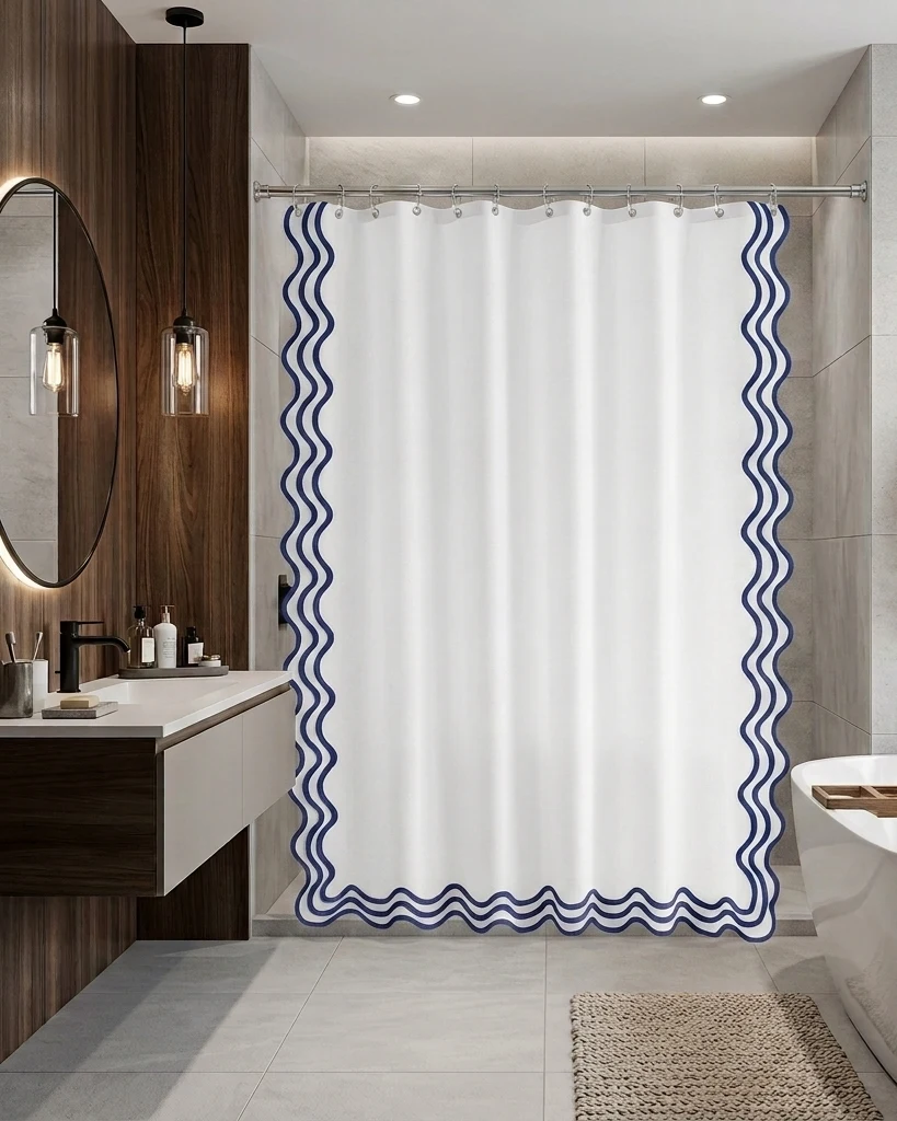 Luxuries Shower Curtain – Luxury Hotel Style, White with Elegent scalloped Trims