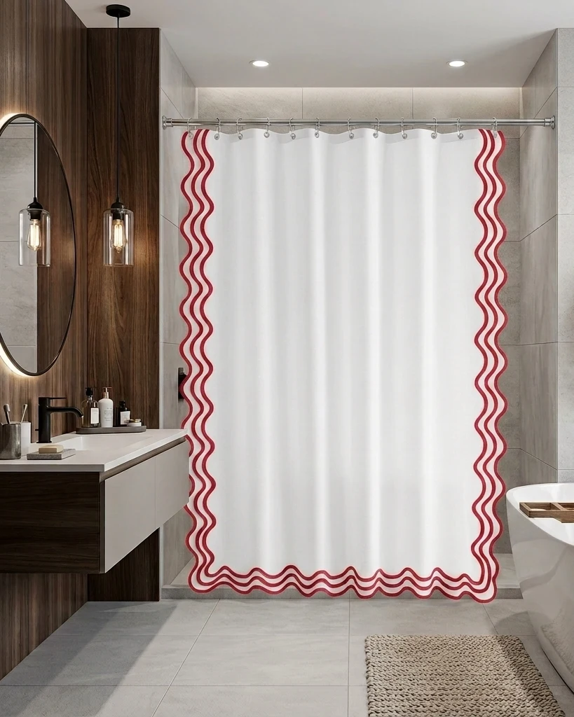 Luxuries Shower Curtain – Luxury Hotel Style, White with Elegent scalloped Trims — detail view