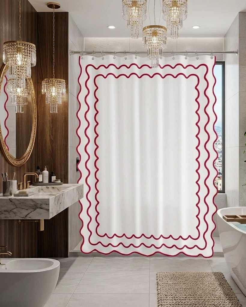 Luxuries Shower Curtain – Luxury Hotel Style, White with Modern scalloped Trims