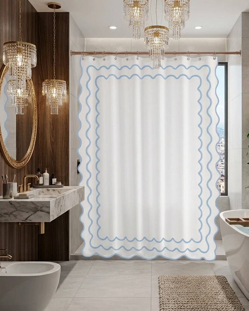 Luxuries Shower Curtain – Luxury Hotel Style, White with Modern scalloped Trims — close-up