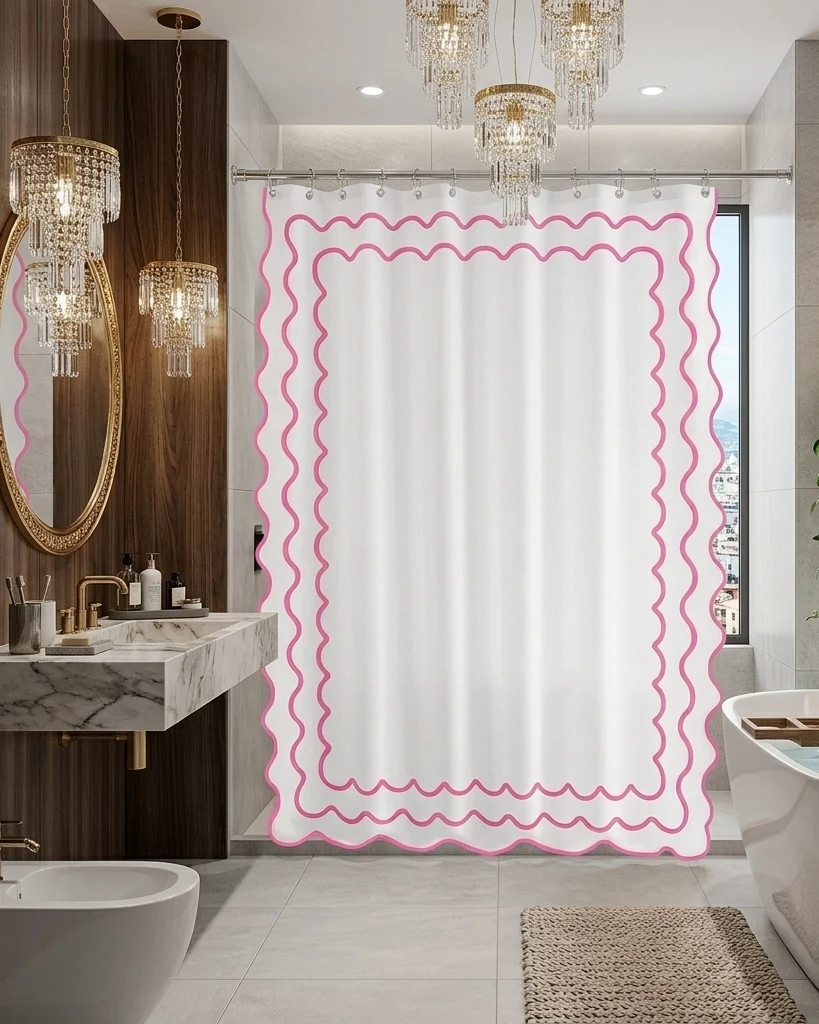Luxuries Shower Curtain – Luxury Hotel Style, White with Modern scalloped Trims — detail view