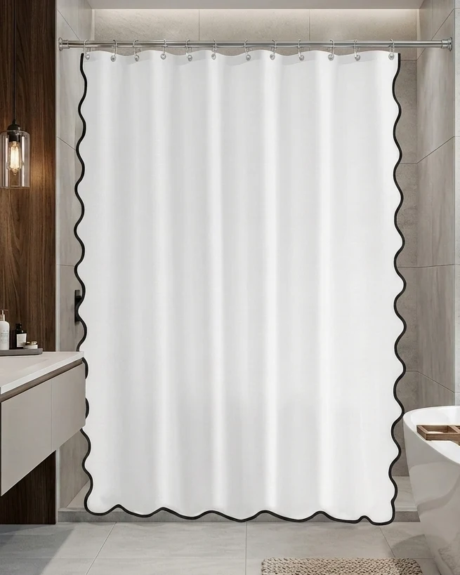 Luxuries Shower Curtain – Luxury Hotel Style, White with scalloped Trim