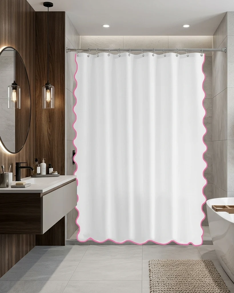 Luxuries Shower Curtain – Luxury Hotel Style, White with scalloped Trim — detail view