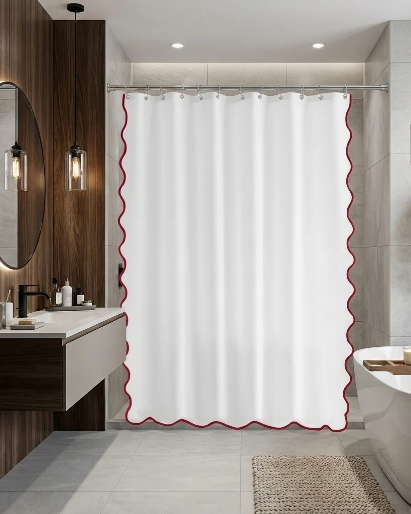 Luxuries Shower Curtain – Luxury Hotel Style, White with scalloped Trim — close-up