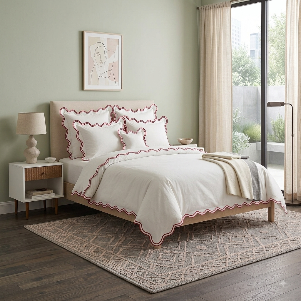 Luxury White Cotton Duvet cover Set with Burgundy Scalloped Trim — detail view