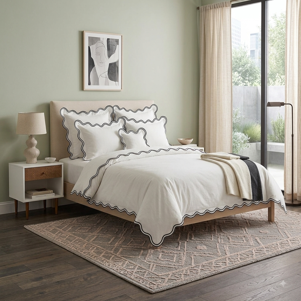 Luxury White Cotton Duvet cover Set with Burgundy Scalloped Trim — close-up