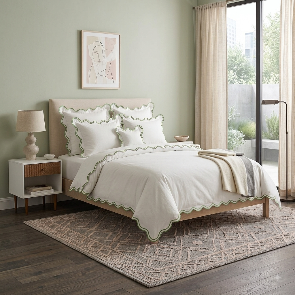 Luxury White Cotton Duvet cover Set with Burgundy Scalloped Trim