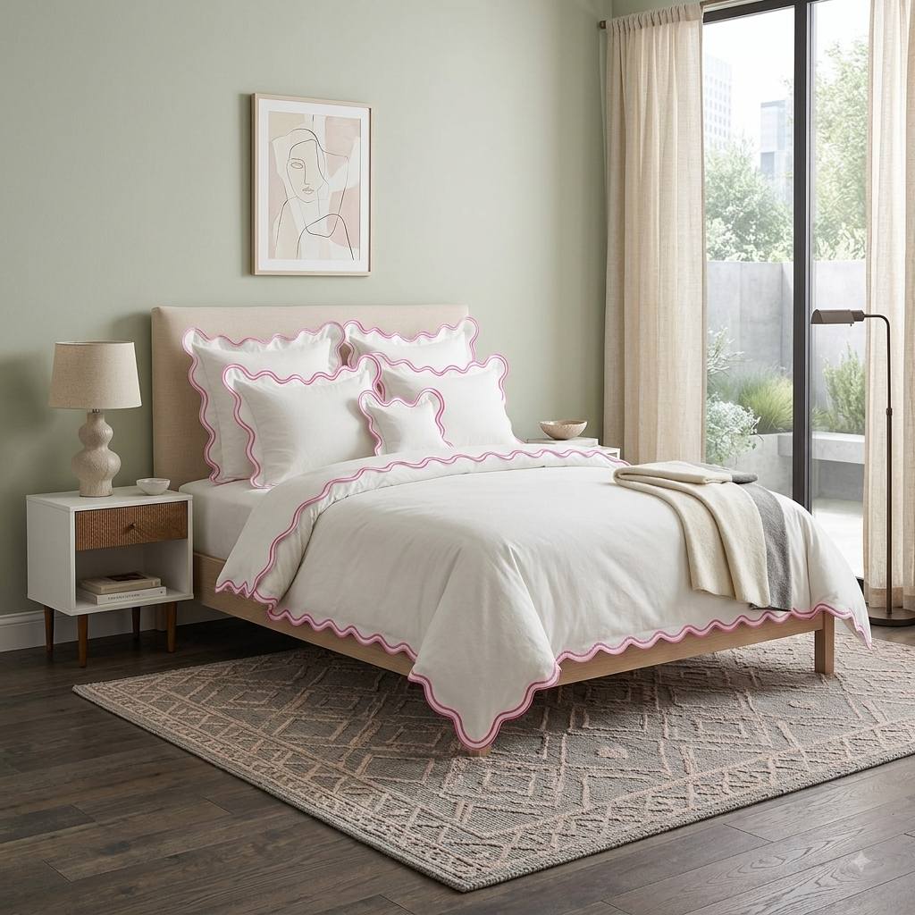 Luxury White Cotton Duvet cover Set with Burgundy Scalloped Trim — styled bedroom scene