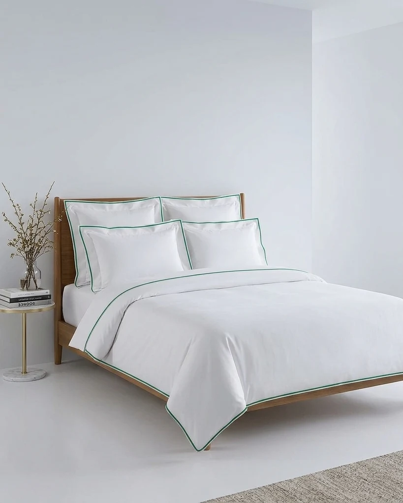 Luxury White Duvet Cover with Burgundy Piping – Minimalist Premium Cotton Bedding — detail view