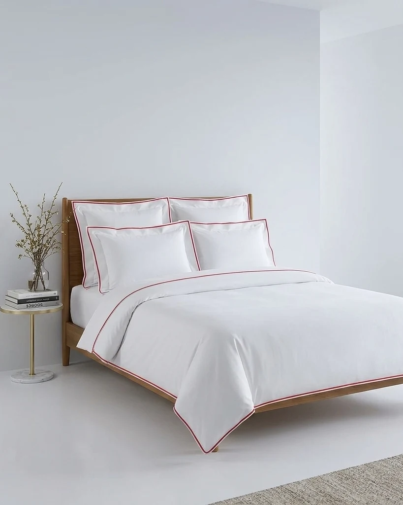 Luxury White Duvet Cover with Burgundy Piping – Minimalist Premium Cotton Bedding — 400tc sateen cotton