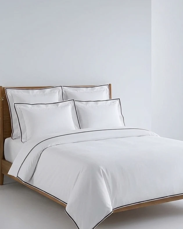 Luxury White Duvet Cover with Burgundy Piping – Minimalist Premium Cotton Bedding — close-up