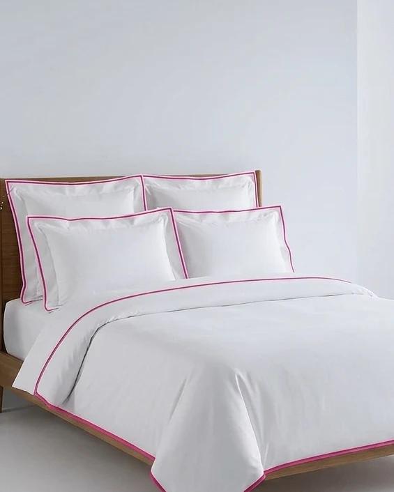 Luxury White Duvet Cover with Burgundy Piping – Minimalist Premium Cotton Bedding — styled bedroom scene