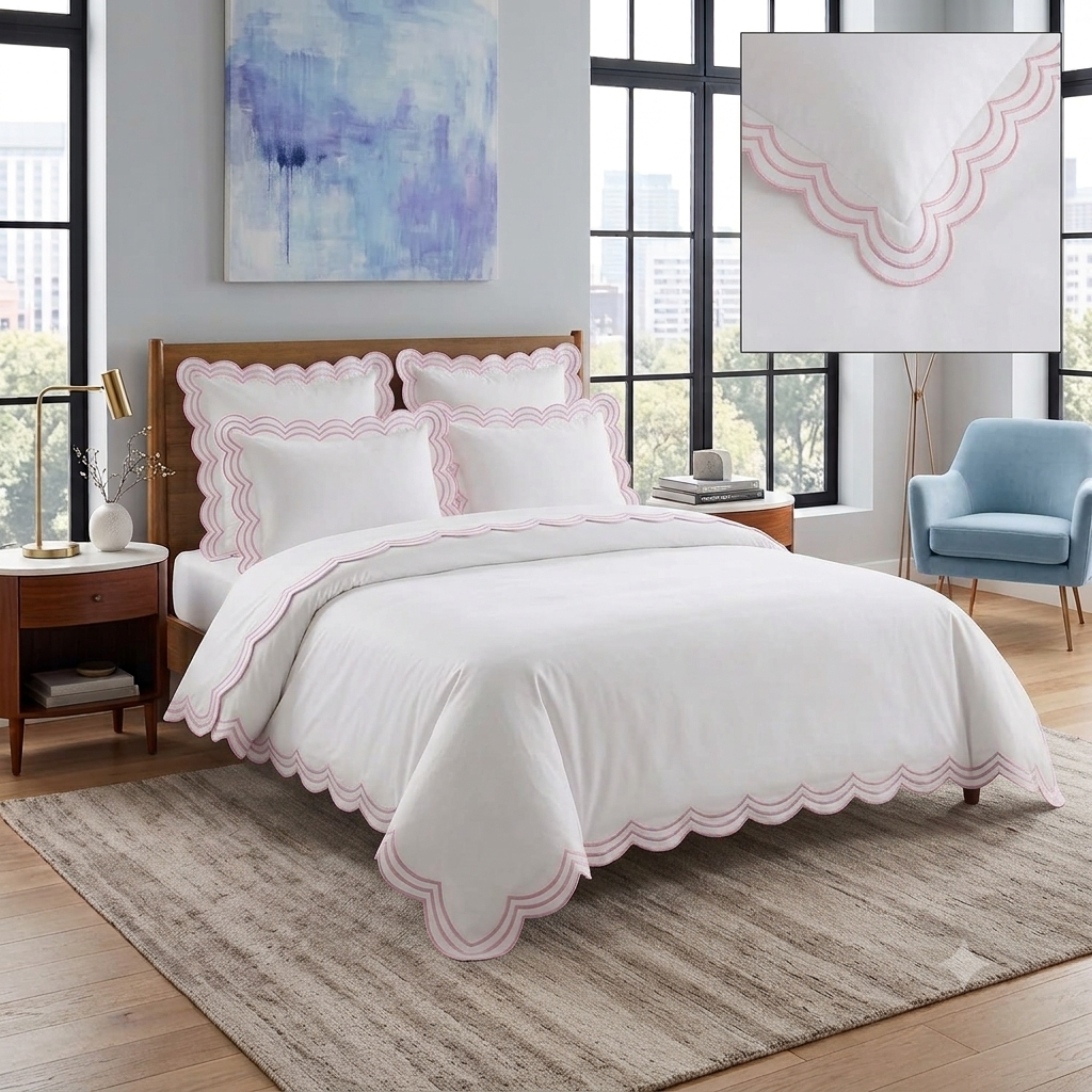 Luxury White Duvet Cover with Burgundy Triple Scalloped Trim – Designer Cotton Bedding