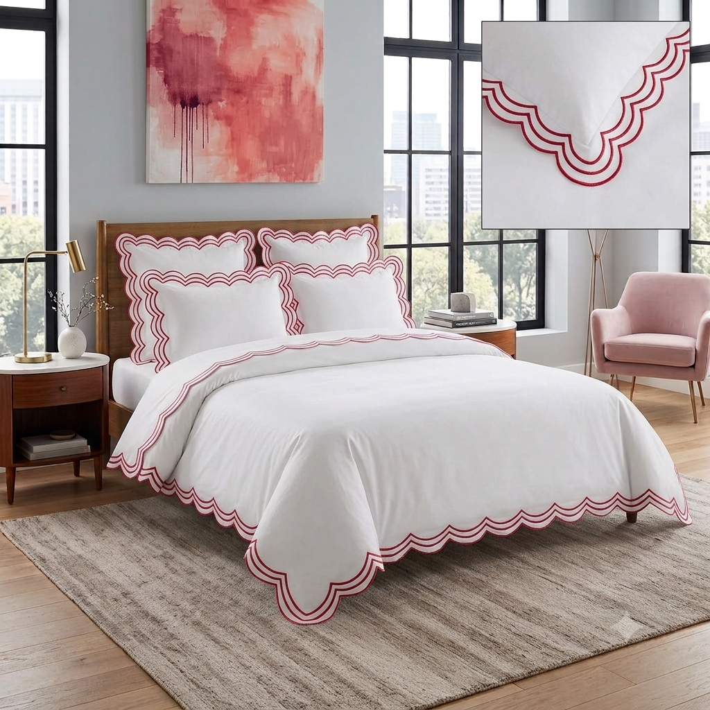 Luxury White Duvet Cover with Burgundy Triple Scalloped Trim – Designer Cotton Bedding — close-up