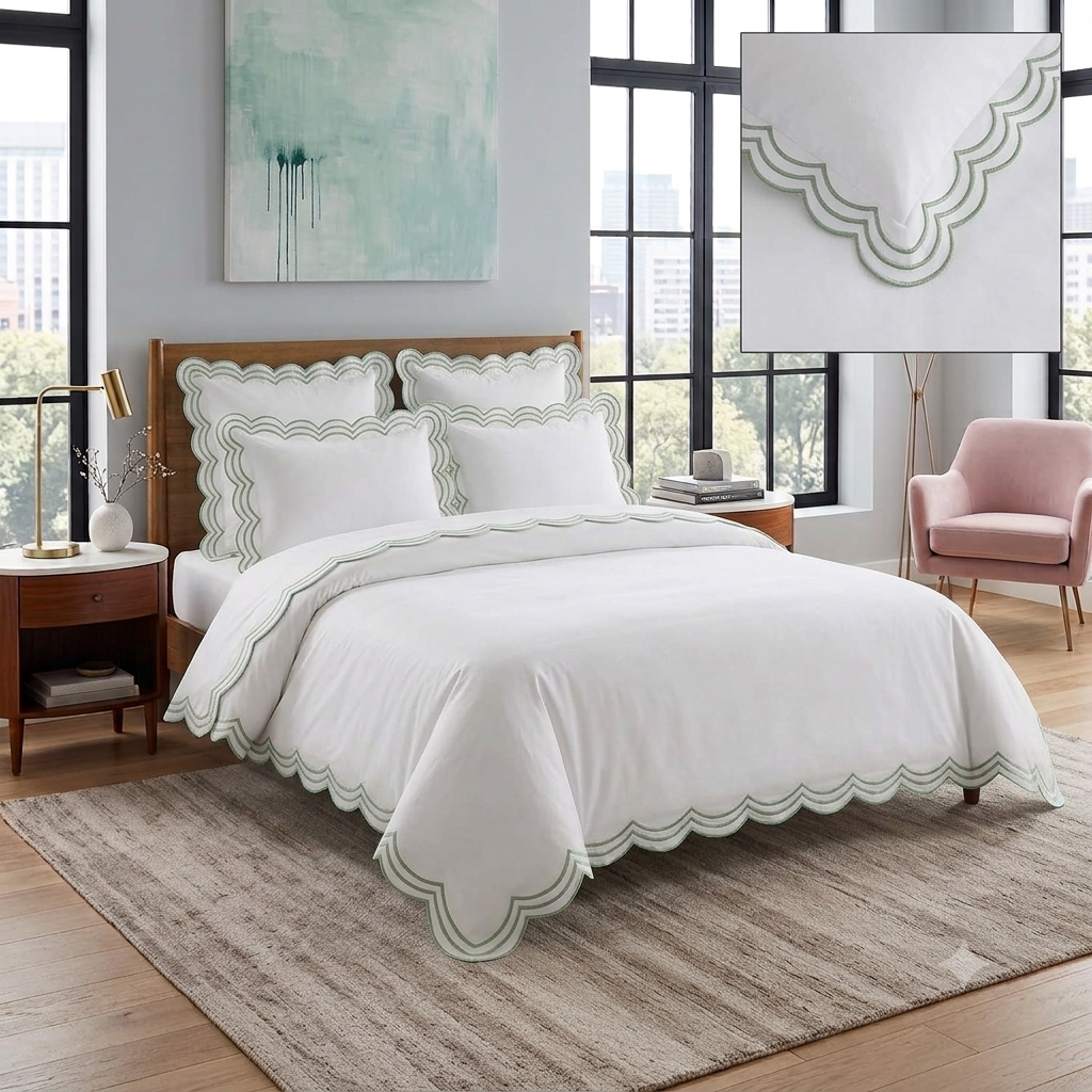 Luxury White Duvet Cover with Burgundy Triple Scalloped Trim – Designer Cotton Bedding — styled bedroom scene