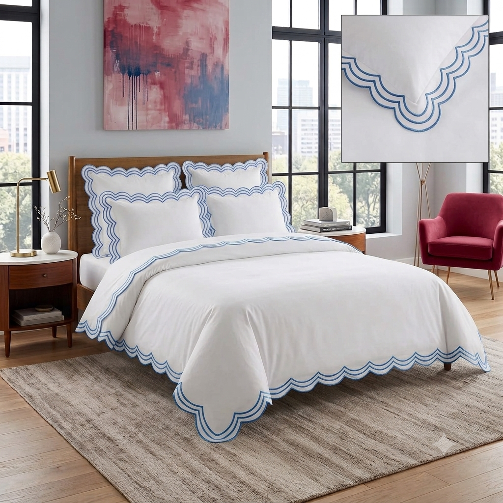 Luxury White Duvet Cover with Burgundy Triple Scalloped Trim – Designer Cotton Bedding — detail view