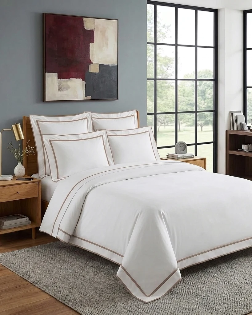 Luxury White Duvet Cover with Edge -Line Border – Premium Cotton Bedding — styled bedroom scene
