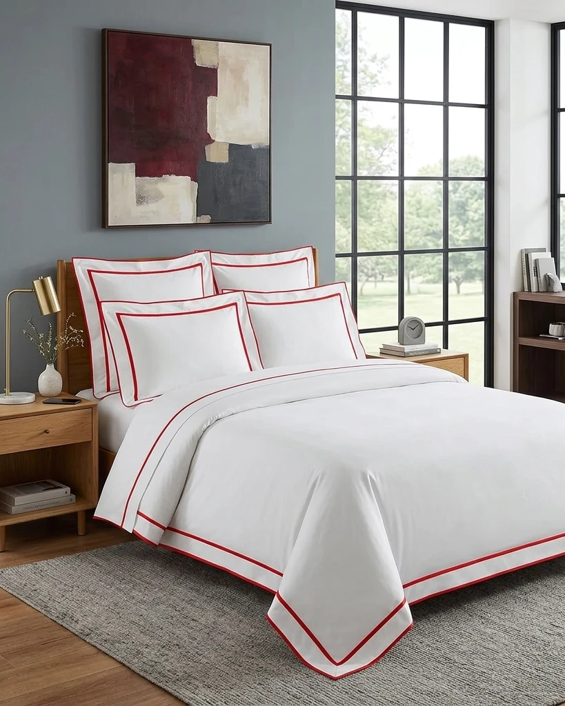 Luxury White Duvet Cover with Edge -Line Border – Premium Cotton Bedding