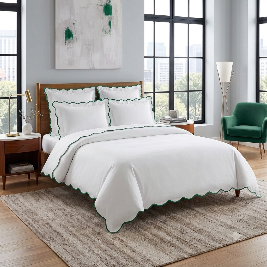 Luxury White Duvet Cover with Green Scalloped Trim – Premium Cotton Bedding