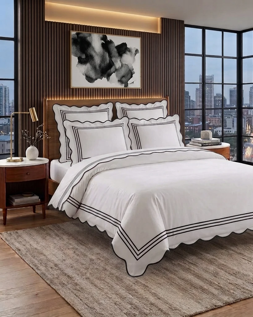 Luxury White Duvet Cover with Light Blue Triple-Line Scalloped Trim
