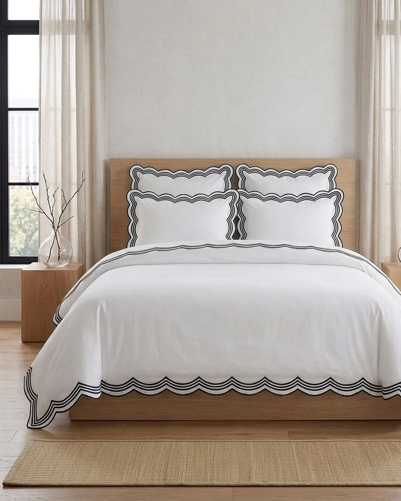 Luxury White Duvet Cover with Multi Scalloped Trim – Premium Cotton Bedding