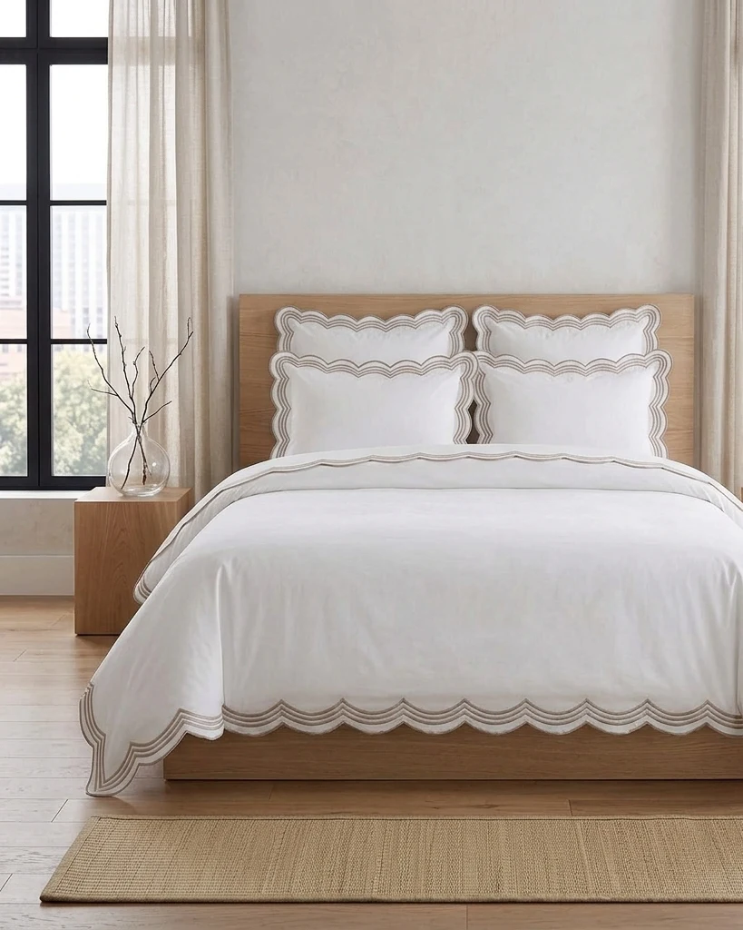Luxury White Duvet Cover with Multi Scalloped Trim – Premium Cotton Bedding — styled bedroom scene