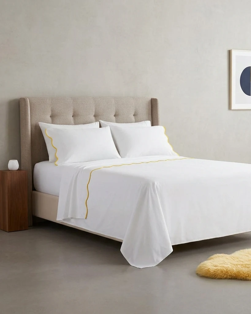 Luxury White Sheet Set with Scalloped Trim – Premium Cotton Bedding — styled bedroom scene